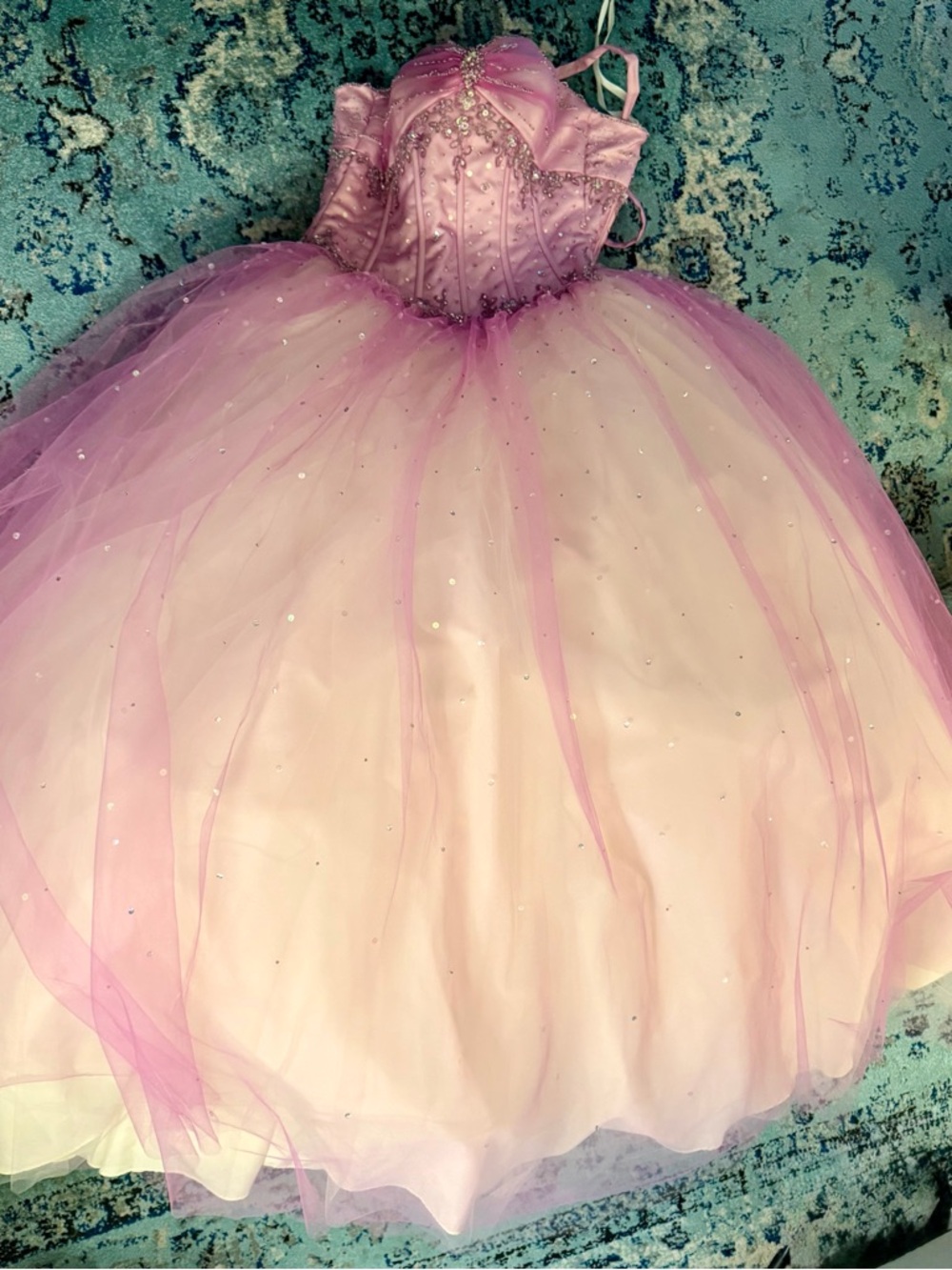 Mori Lee Strapless Pink Tulle Ball Gown with Beaded Bodice - Picture 9 of 9